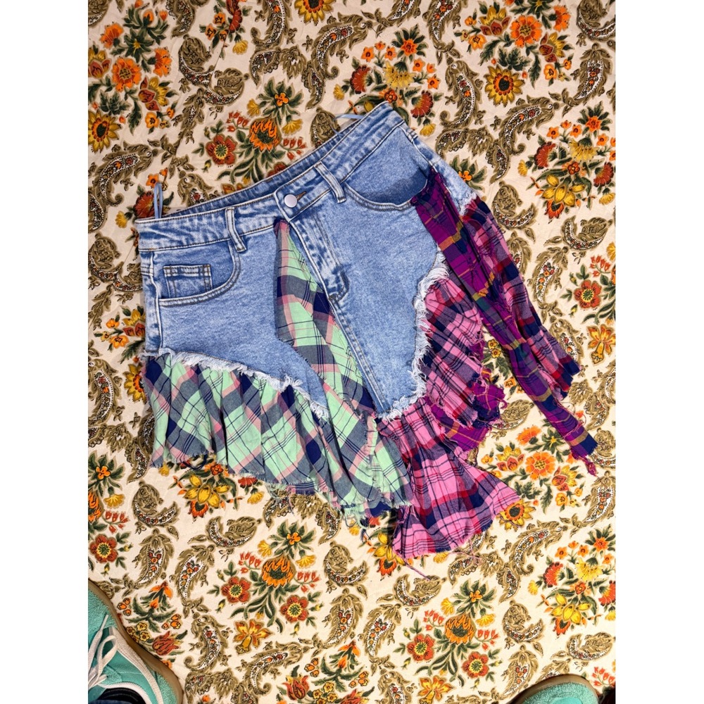 Plaid Flannel Ruffle Reconstructed Denim Short Skirt High Rise - M